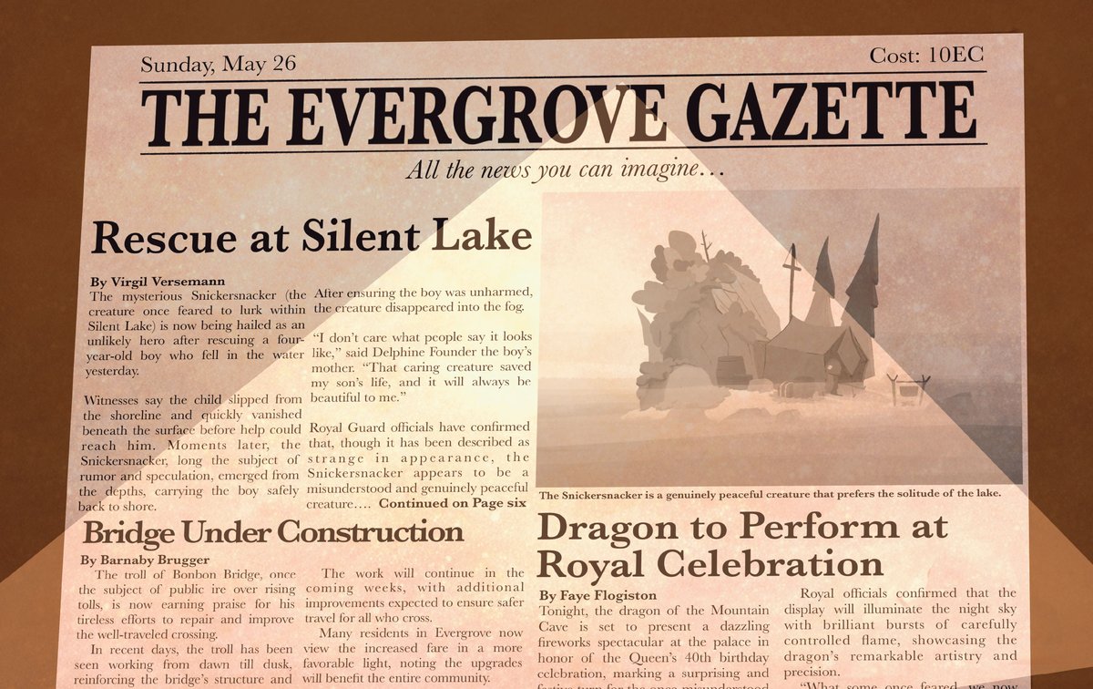 The Evergrove Gazette, Sunday May 26 — Headlines: Rescue at Silent Lake, Bridge Under Construction, Dragon to Perform at Royal Celebration